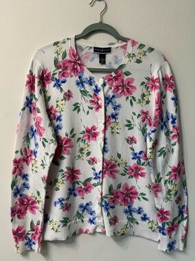 Karen Scott Floral Knit Cardigan Sweater White Pink Blue Button Accent L